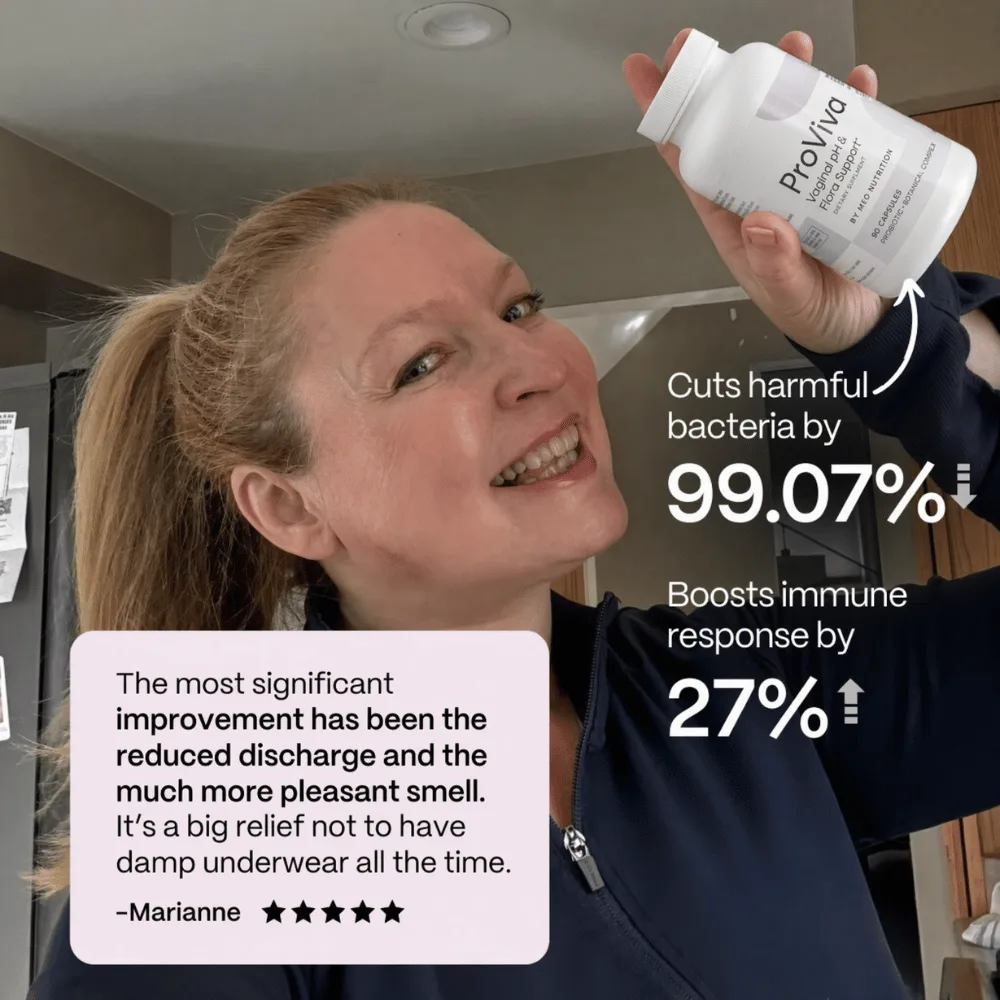 Smiling person holding a supplement bottle with text about health benefits and a testimonial.